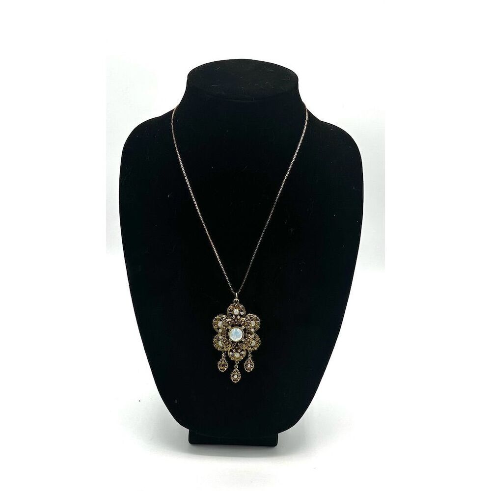 Vintage Exquisite Dangle Teardrop Filigree Opaline Glass Pendant Necklace